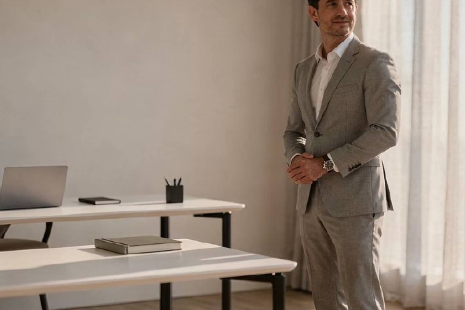 man in black suit jacket holding black smartphone